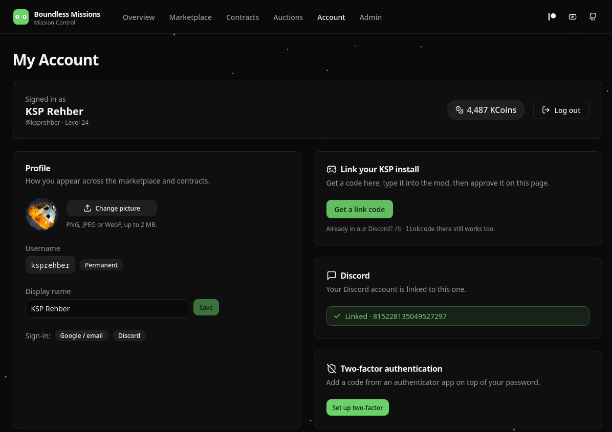 The signed-in account page showing the profile, a linked Discord account, the Link your KSP install card and two-factor authentication