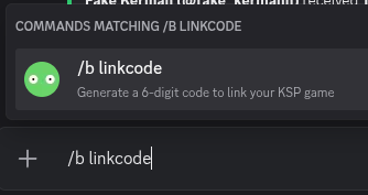 Discord's command picker showing /b linkcode, described as generating a 6-digit code to link your KSP game
