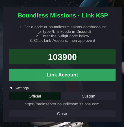 The in-game Link KSP window with the six digit code entered and a Link Account button