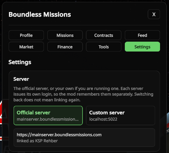The add-on's Settings panel showing a choice between the official server and a custom one, with the current address and the account it is linked as