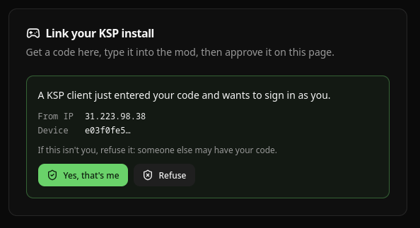 The account page prompt saying a KSP client just entered your code and wants to sign in as you, showing the client IP and device id, with Yes that's me and Refuse buttons
