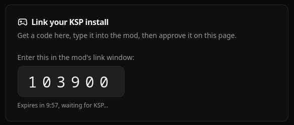 The Link your KSP install card showing a six digit code, a countdown and the text waiting for KSP