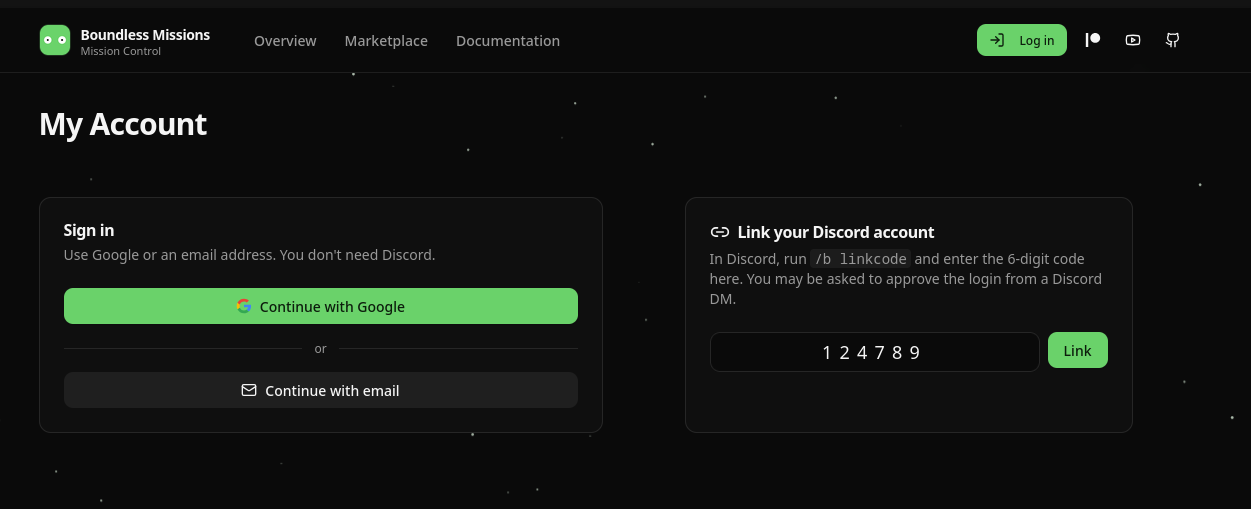 The signed-out My Account page, with a Sign in card offering Google or email and a card for linking a Discord account